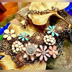Floral Statement Necklace Multicolor Enamel Rhinestones Vintage-Inspired Chain